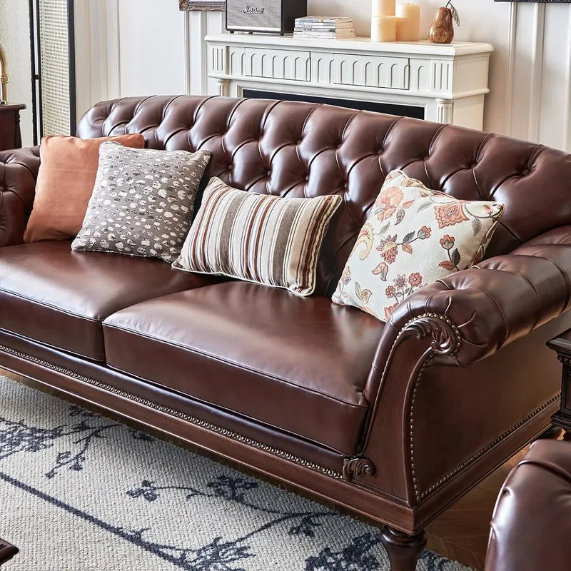American solid wood leather sofa, walnut first layer cowhide retro small apartment living room straight row combination sofa