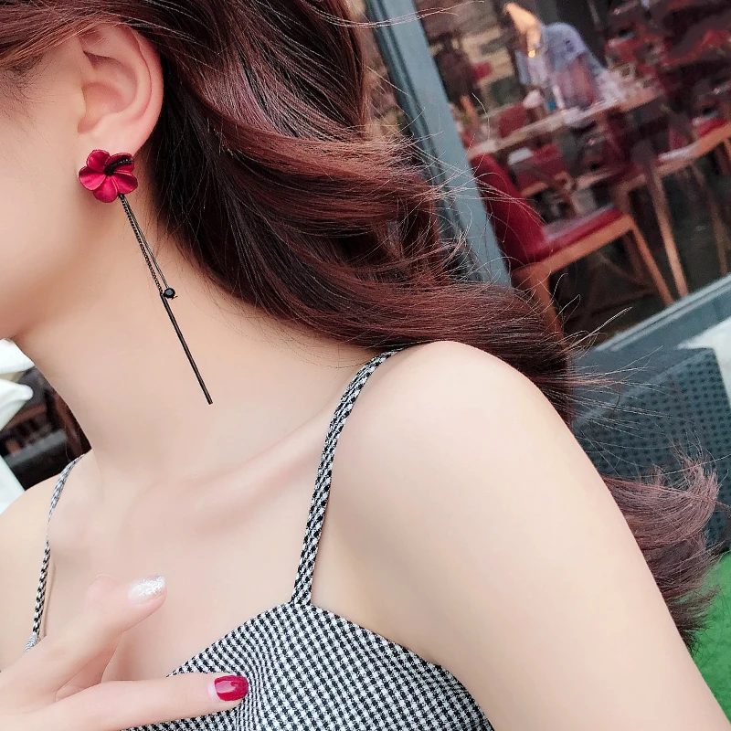 Vintage Red Rose Flower Tassel Stud Earrings For Women Temperament Long Hanging Pendant Dangle Korean Style Jewelry Gift Brincos