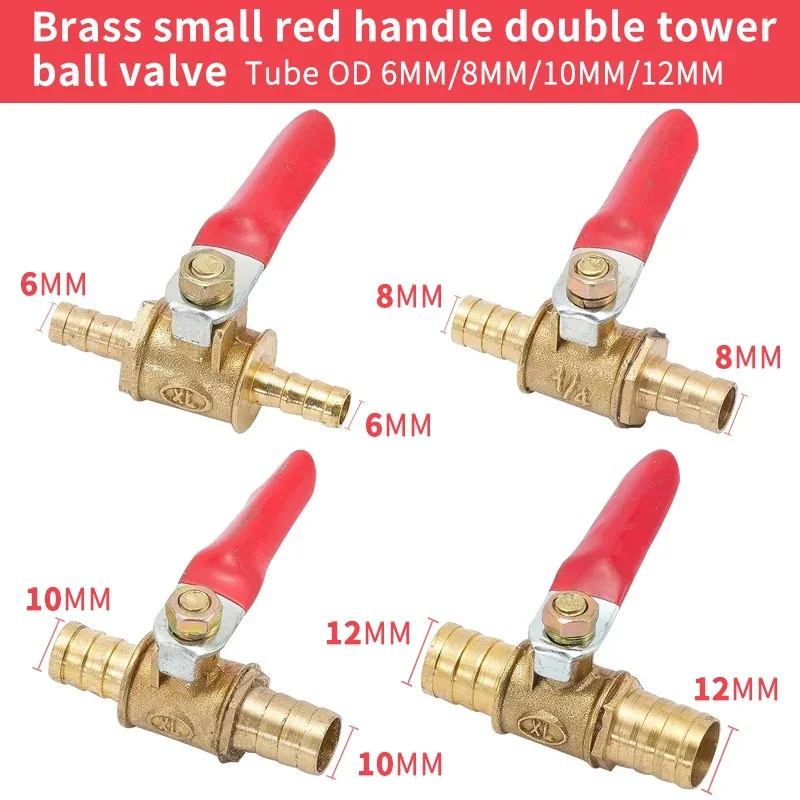 Red Handle Small Valve 6mm 8mm 10mm 12mm Hose Barb Inline Brass Water Oil Air Gas Fuel Line Shutoff Ball Valve Pipe Fittings