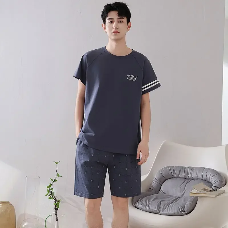 2026 Summer Plus Size Short Sleeve 100% Cotton Pajama Sets for Men Korean Casual Plaid Sleepwear Pyjama Homewear Male Clothes