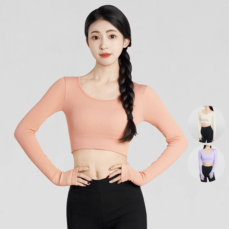 امرأة الكبار محبوك الرقص المحاصيل القمم طويلة الأكمام اليوغا الرياضة الرقص البلوز القمم مردف زي الياقة المستديرة الباليه القمم #1