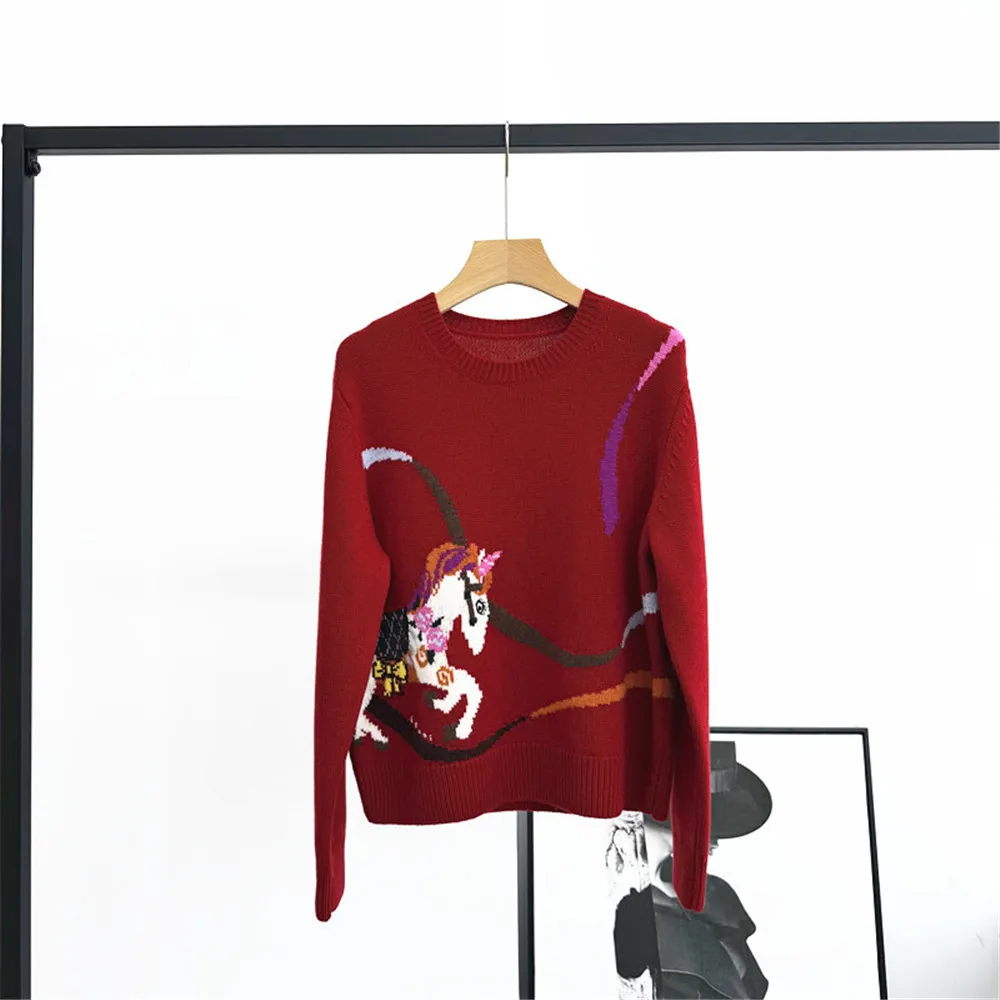 

25 Autumn/Winter New Women's Jacquard Color Contrasting Round Neck Long Sleeve Loose Cashmere Knitted Pullover