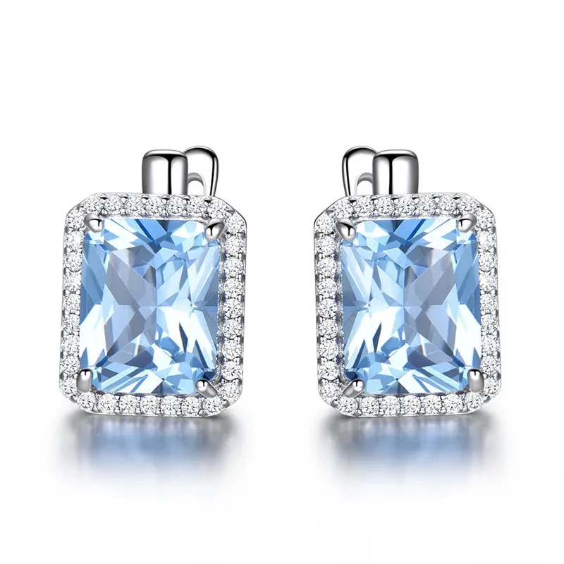 

925 Sterling Silver Luxury Nano Sky Blue Topaz Emerald Gemstone Clip On Earrings Earrings For Women Birthday Fine Jewelry Gift