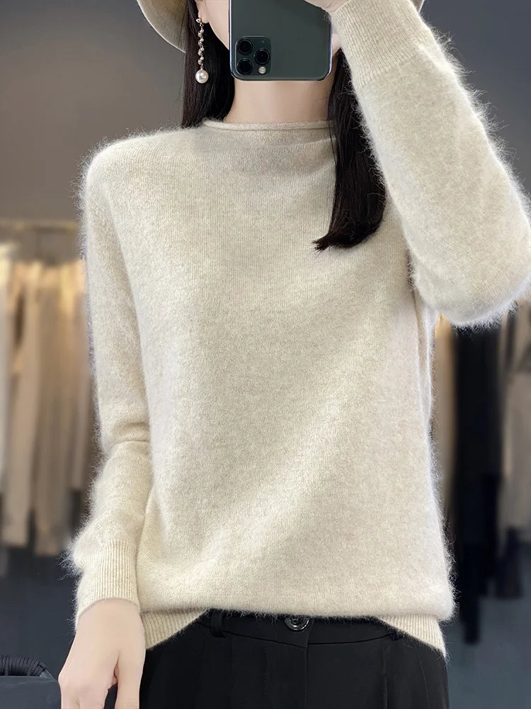 

100% Mink Cashmere Women Sweater Basic Bottoming Female Pullover Long Sleeve New Knitwear Tops Ruffled Collar Autumn Winter New