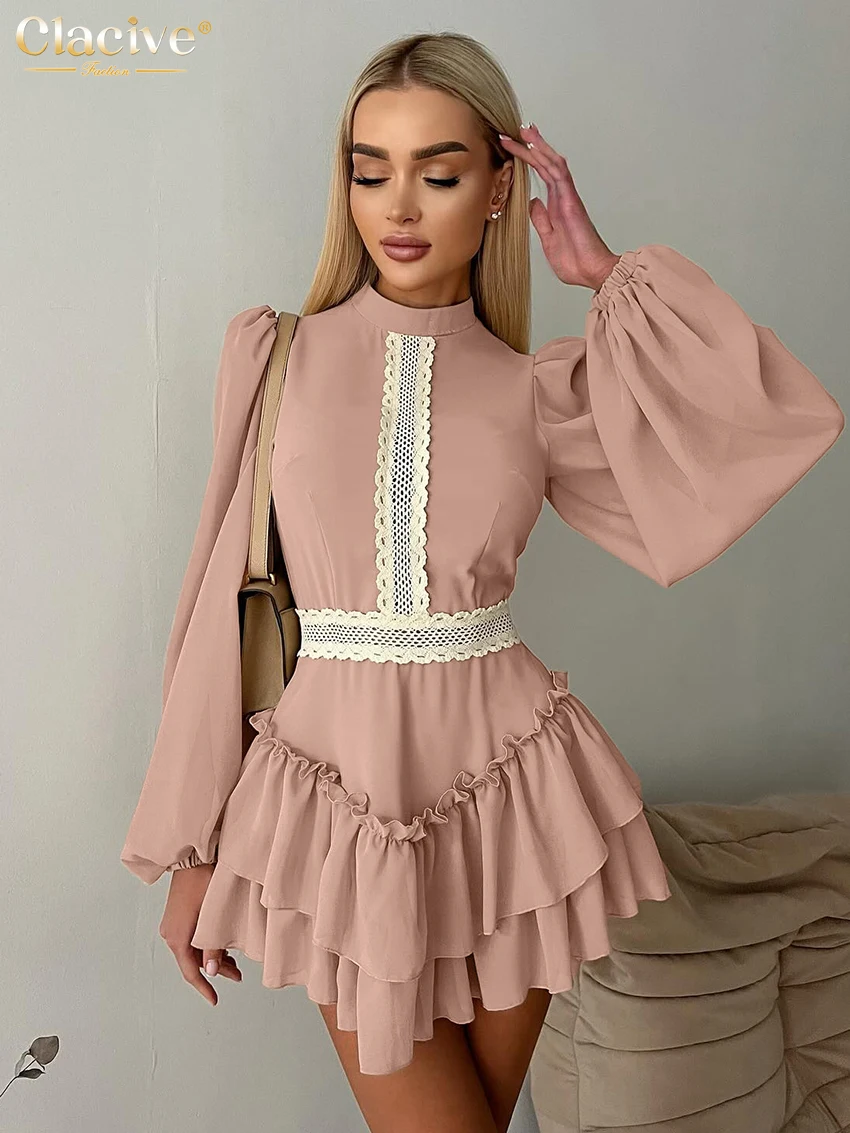 

Clacive Fashion Slim Pink Women's Dress Casual Stand Collar Puff Sleeve Mini Dresses Lady Elegant Classic Pleated Female Dress