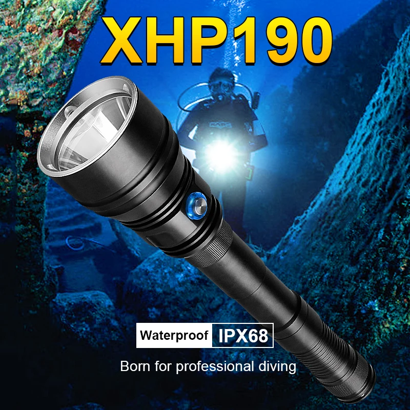 Newest Powerful XHP190 LED Diving Flashlight USB Rechargeable XHP100 Torch Light Underwater Lamp IPX8 Waterproof Diving Lantern