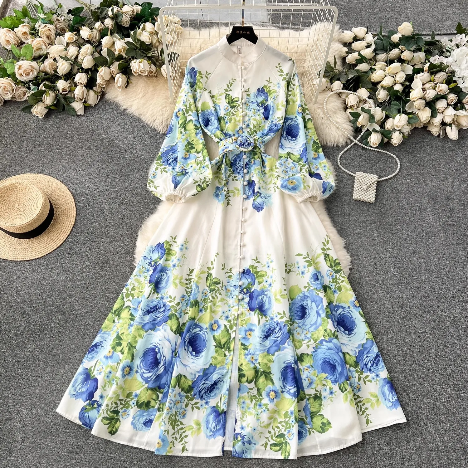 Elegant Gorgeous Print Flower Dresses Women Stand Collar Long Lantern Sleeve Linen Belt Single-Breasted Maxi Robe Clothes 6235