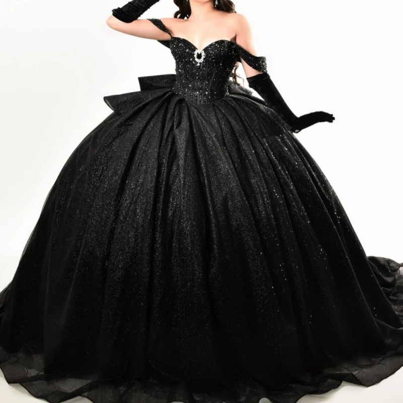 

Black Shiny Quinceanera Dresses Off The Shoulder Beads Bow Tull Party Birthday Sweet 16 Dress Vestidos 15 De Anos