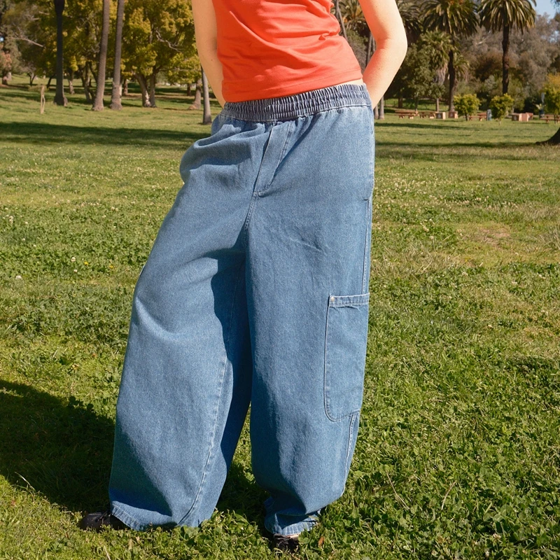 Combhasaki Pantaloni lunghi in denim a vita alta elastici vintage Y2K da donna Pantaloni jeans larghi a gamba larga casual con tasche multiple