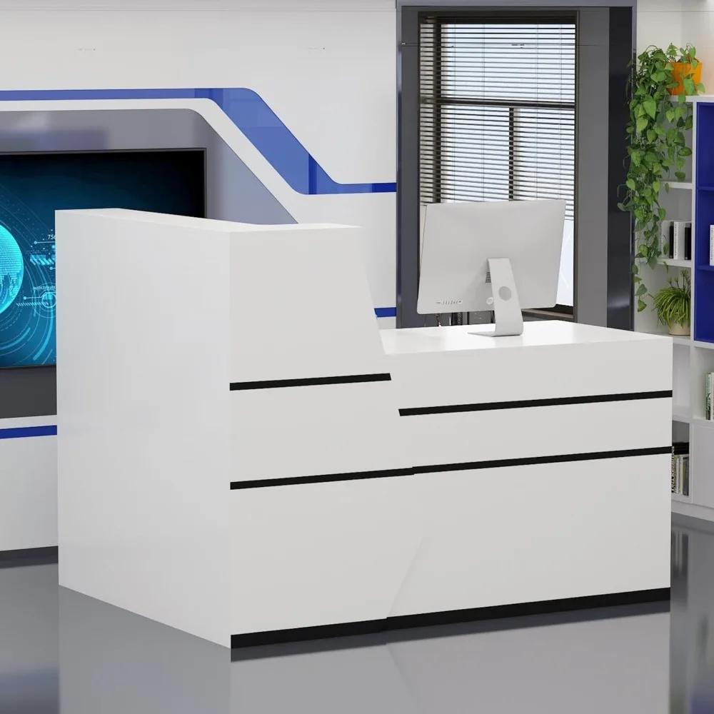 

L-Shaped Reception Desk Counter Desk for Retail & Checkout, Modern Front Counter Table, Black Tapes, for Office Lobby White 39.4