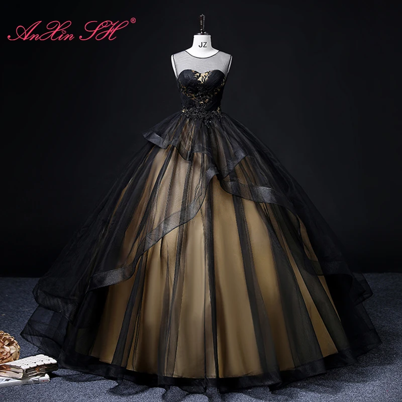 

AnXin SH vintage princess flower black lace yellow satin o neck sleeveless beading crystal stage party customized evening dress
