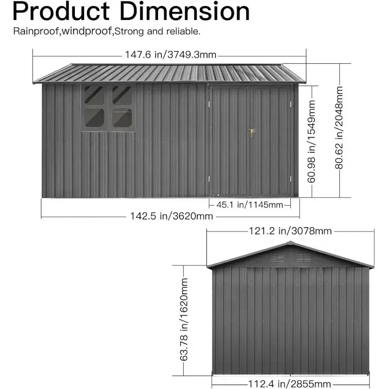 QAZ8-UCGO Extra Large 10ftx12ft.Outdoor Sheds Window.Tiny House.Metal Storage Shed with Design of Lockable Doors.U