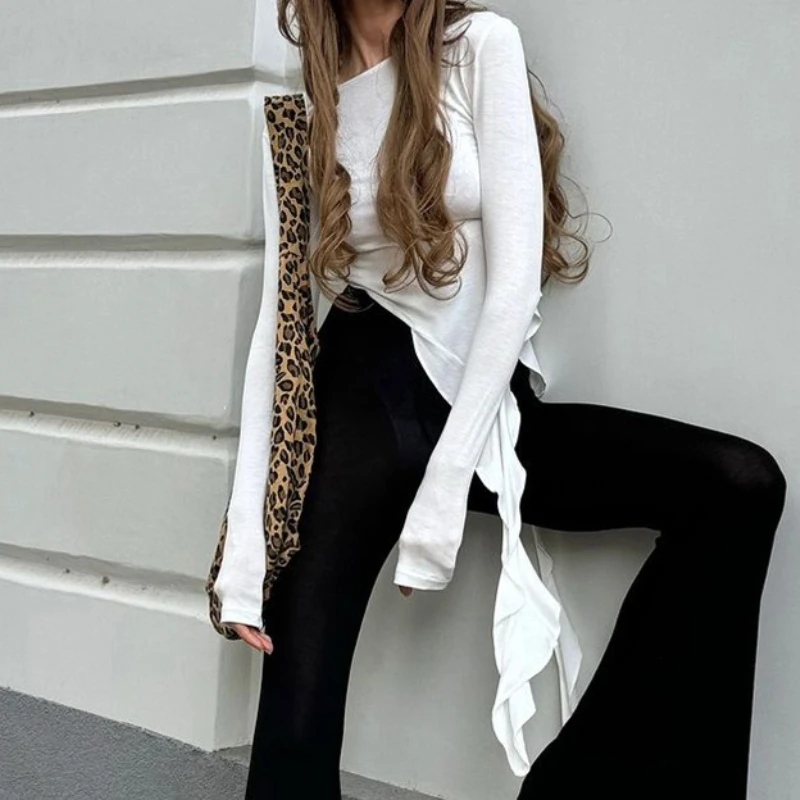 

2025 Spring/Summer Irregular Sexy Design Knitted Round Neck Slim Fit Women's T-shirt