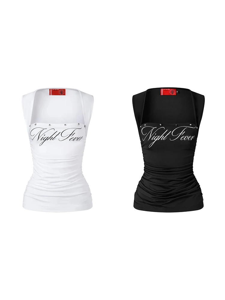 

Autumn women's fashion single item sexy spicy girl square collar printed fashion pullover vest Gothic street top Y2K clothing