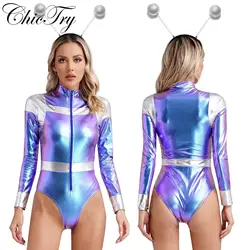 Costume da astronauta spaziale da donna Halloween Cosplay Party body con cerchio per capelli alieno body aderente tuta metallica Unitard