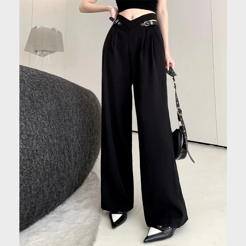 

Black high waisted pants with niche design, belt hollow waist, casual drape, versatile wide leg pants, long pants