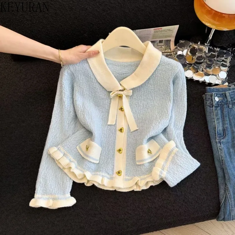 

Вязаный кардиган с галстуком-бабочкой для женщин, весенне-осенний новый короткий стиль, контрастный цвет, милый однобортный свитер, женское пальто