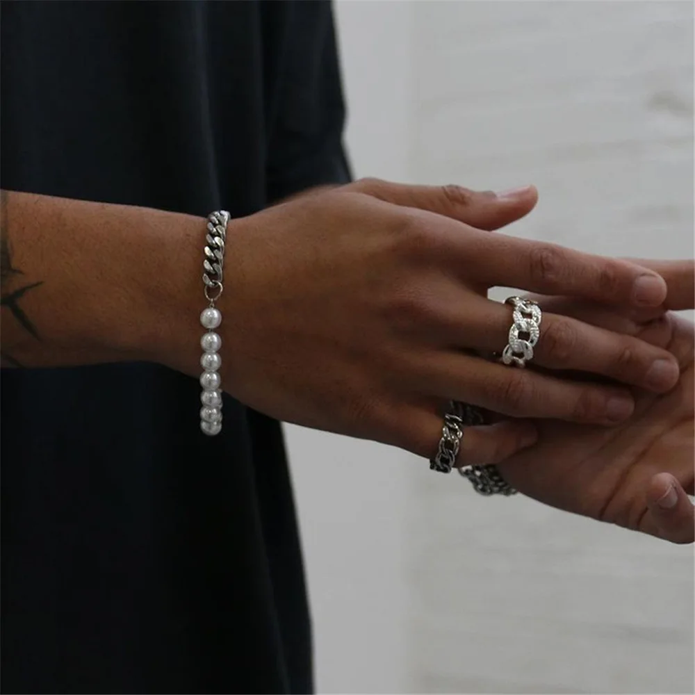 Simple Stainless Steel Pearl Stitch Bracelet Silver Color Men Cuban Chain Bracelet Retro Party Jewelry Men's Fashion Accessories