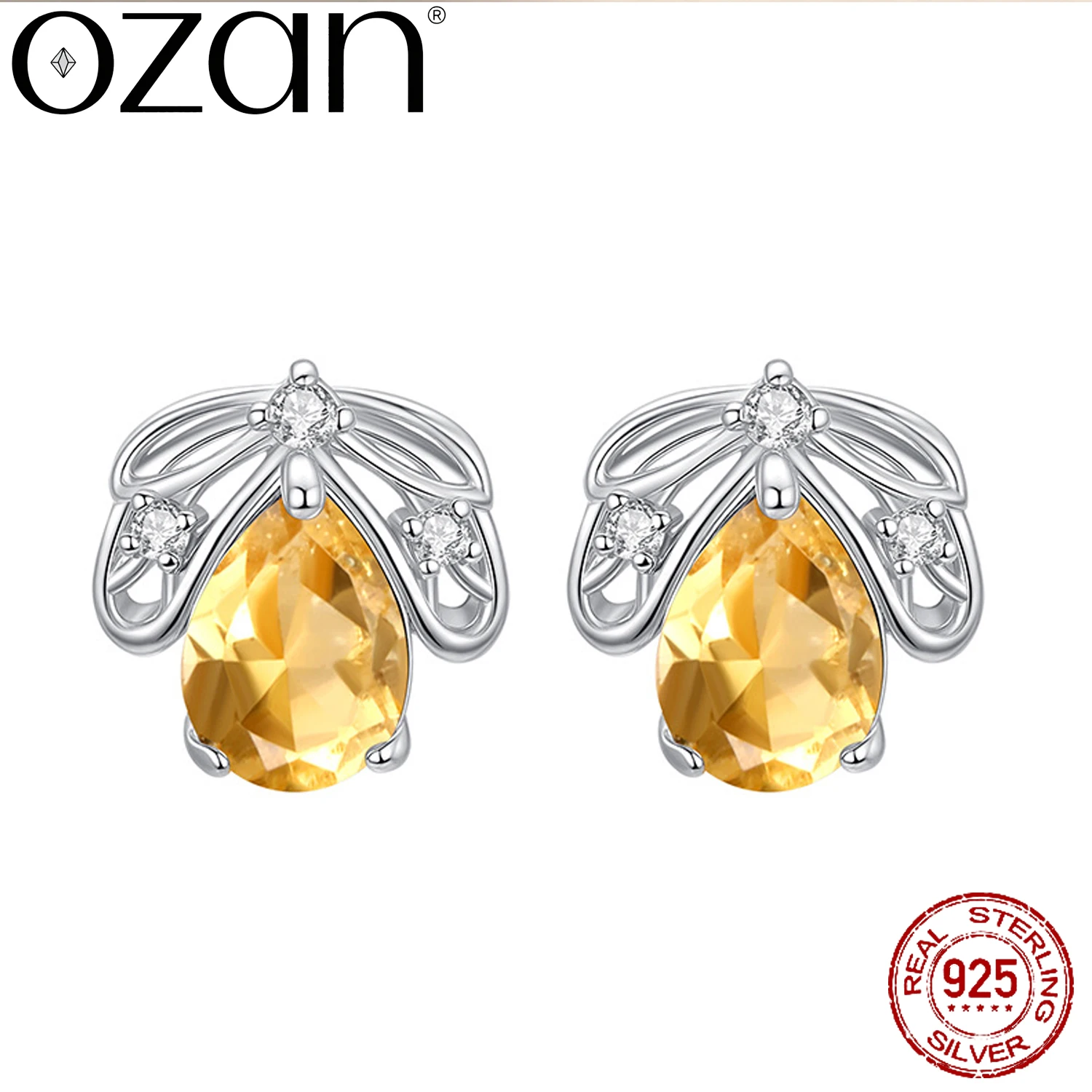 OZAN S925 Sterling Silver Earrings Natural Pear Amethyst Citrine Stud Earrings Fashion Women's Gemstone Jewelry Birthday Gift