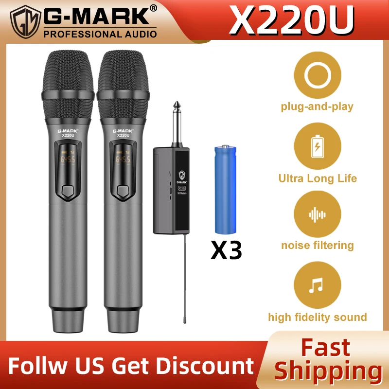 Wireless Microphone G-MARK X220U UHF Recording Karaoke Mic With Rechargeable Lithium Battery Receiver Work 5 Hours For Speaker