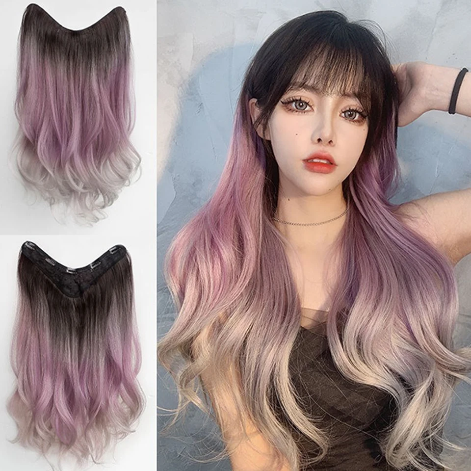 Gradient Color Synthetic Clip In Hair Extensions Long Wavy Curly Hairpiece Long Hair Extension Thick Hairpieces For Women