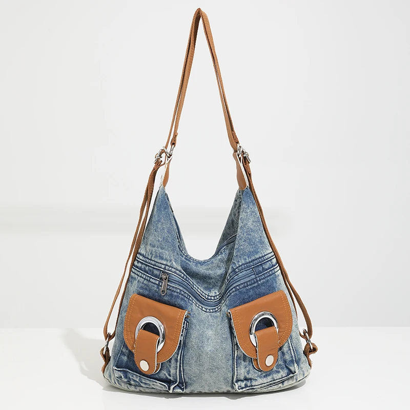 Denim Casual Shoulder and Crossbody Bags Zipper Versatile Large Capacity Backpack for Women 2024 Fashion Tote Designer New Style