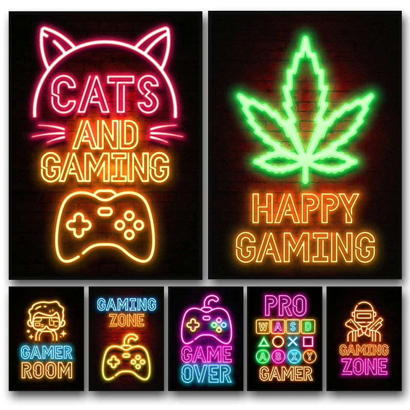 Neon Art Happy Gaming Zone Poster Print Canvas Painting Gamer Office Wall Art Picture for Boy Bedroom Games Room Decor No LED