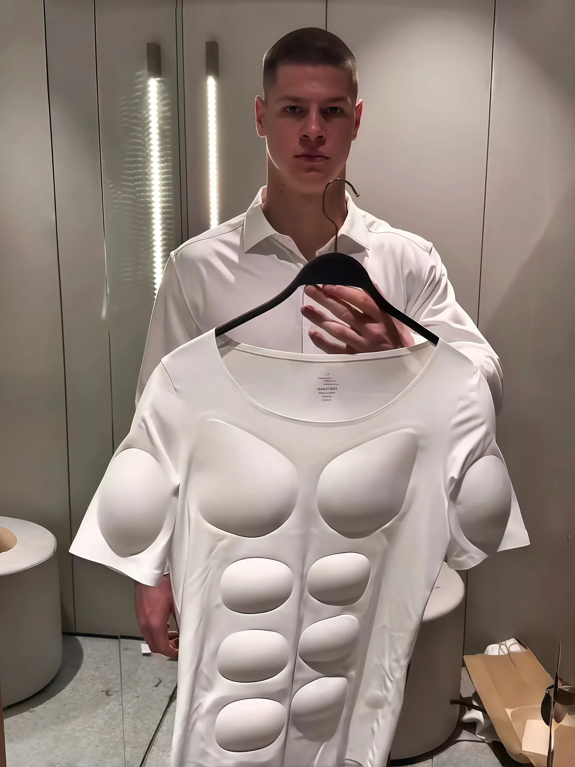 Invisible Muscle Shirt Short Sleeve Men's Shaping Inner Wear Abdomen Simulation T-Shirt Business Style Regular Fit Nylon Fabric