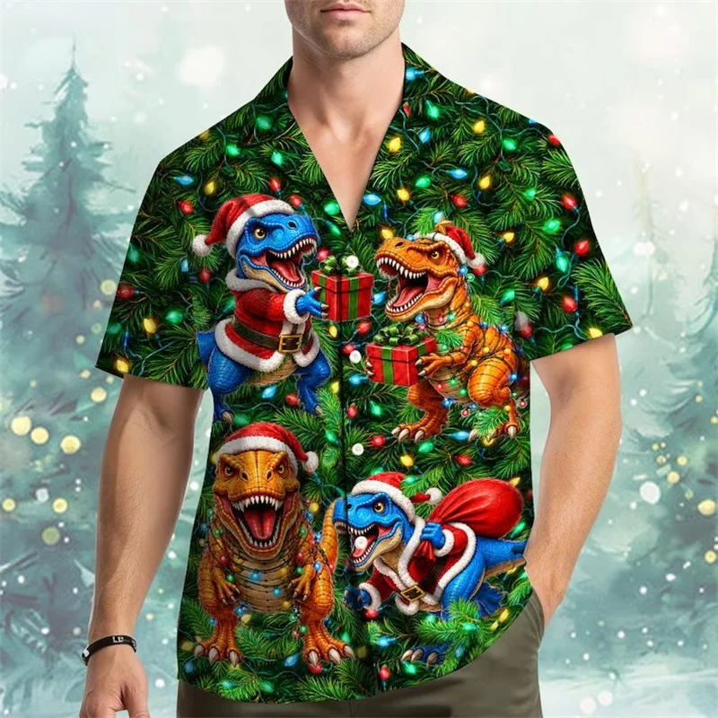 Men Short Sleeve Hawaiian Shirt Christmas Dinosaur T-Rex Santa Costume Xmas Lights Gift Print Holiday Party Button Down Shirt