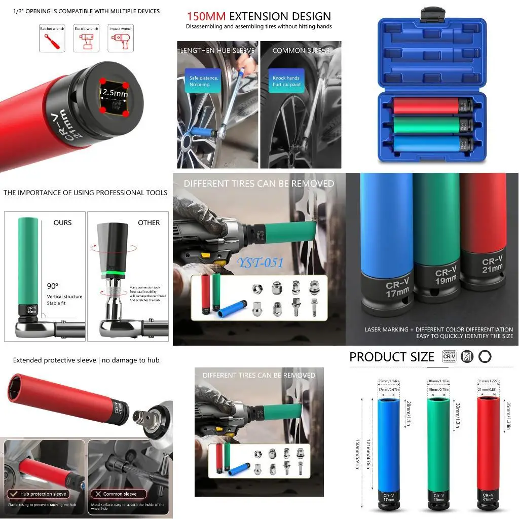 

E15A Alloy Steel Impact Socket Anti Slip Surfaces For Automotive Deep Lugs Nut And Hard To Reach Areas 3 Size Set With Case