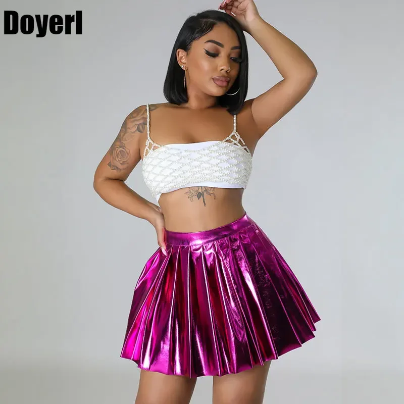 

Doyerl Metallic Pleated Skirts for Women Clothing Party Night Club A-line Mini Skirt High Waist Rave Festival Birthday Y2K Skirt