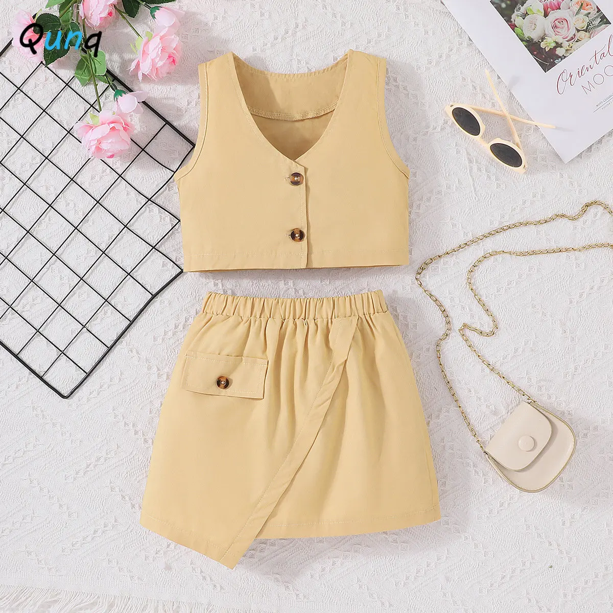 

Qunq 2023 Summer New Girls Solid V Neck Single Breasted Sleeveless Vest Top + Skirt 2 Pieces Set Casual Kids Clothes Age 3T-8T