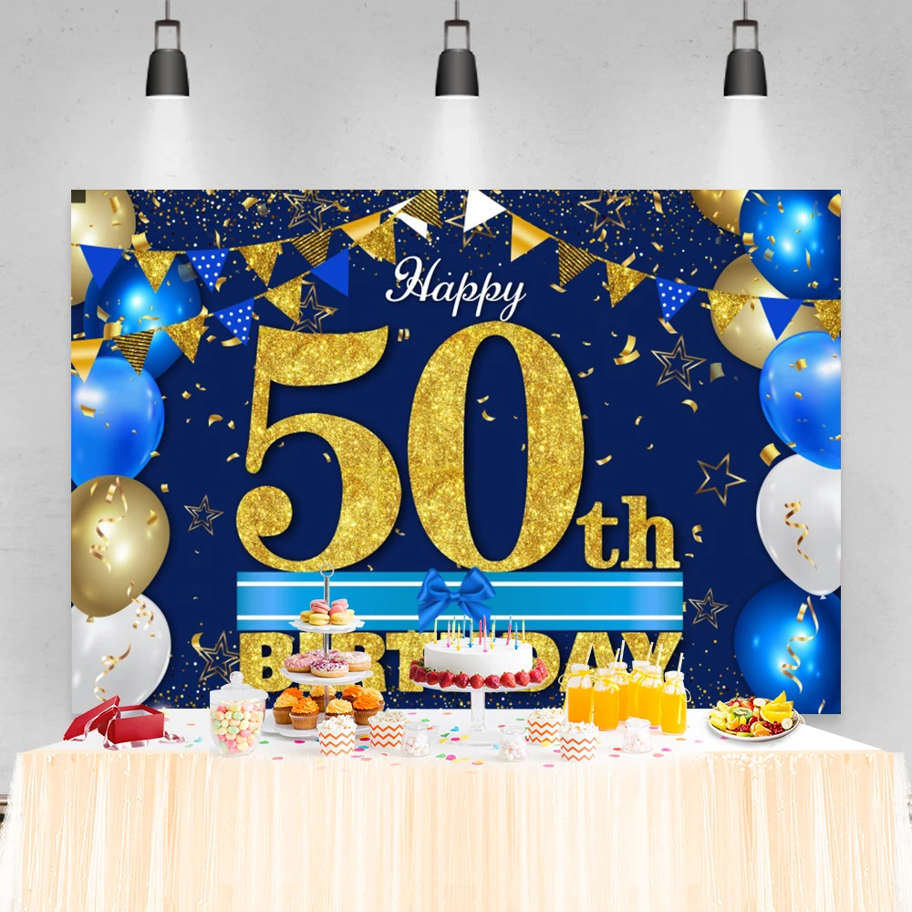 Fondo de fiesta de cumpleaños de adultos con globos dorados, cartel de fotografía de retrato de fiesta familiar, Decoración de mesa de pastel, Fondo de fotomatón