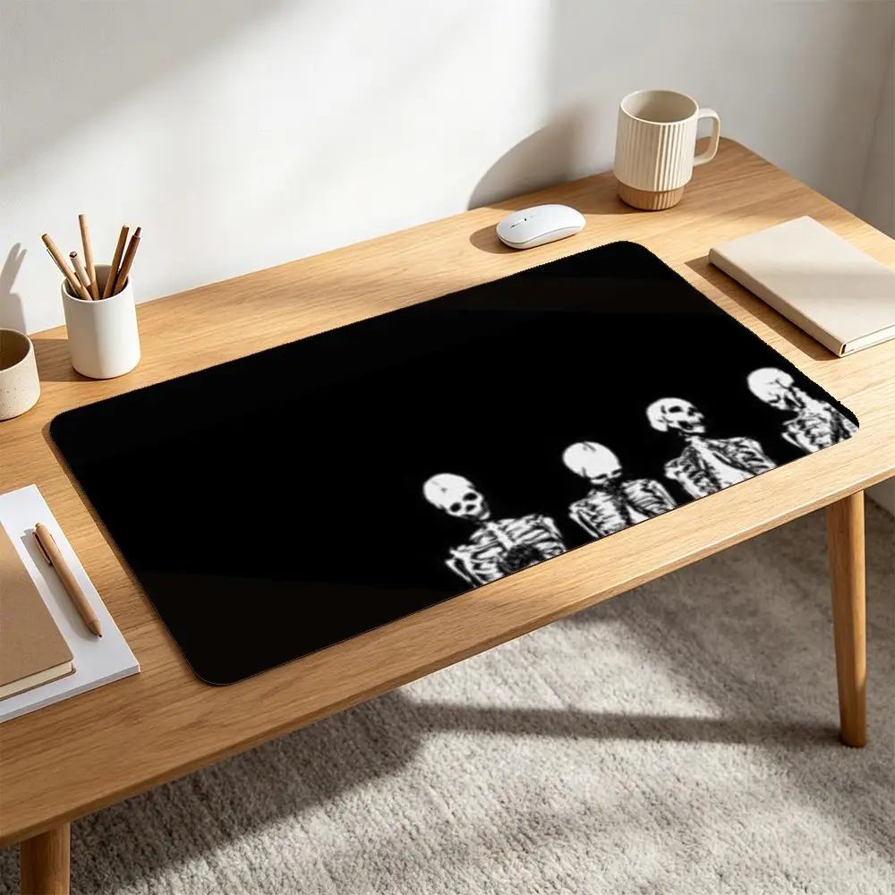Four Skeletons Silhouette TCG Playmat Black Background Monochrome Gothic Spooky Dark Aesthetic Non‑Slip Desk Mat for Card Game