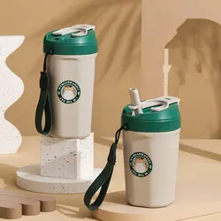 520ML/620ML Cartoon Cat Pattern 304 Stainless Steel Thermal Cup For Coffee Direct Drink/Straw Drinking 2in1 Travel Mug Leakproof