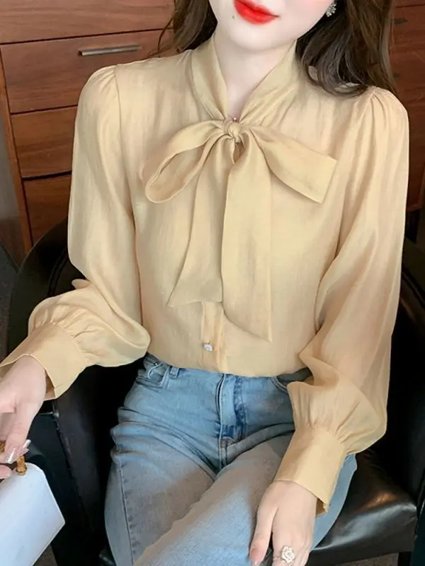 Spring Autumn New Solid Color V-neck Long Sleeve Fashion Shirt Women High Street Casual Button Cardigan Lacing Bow All-match Top