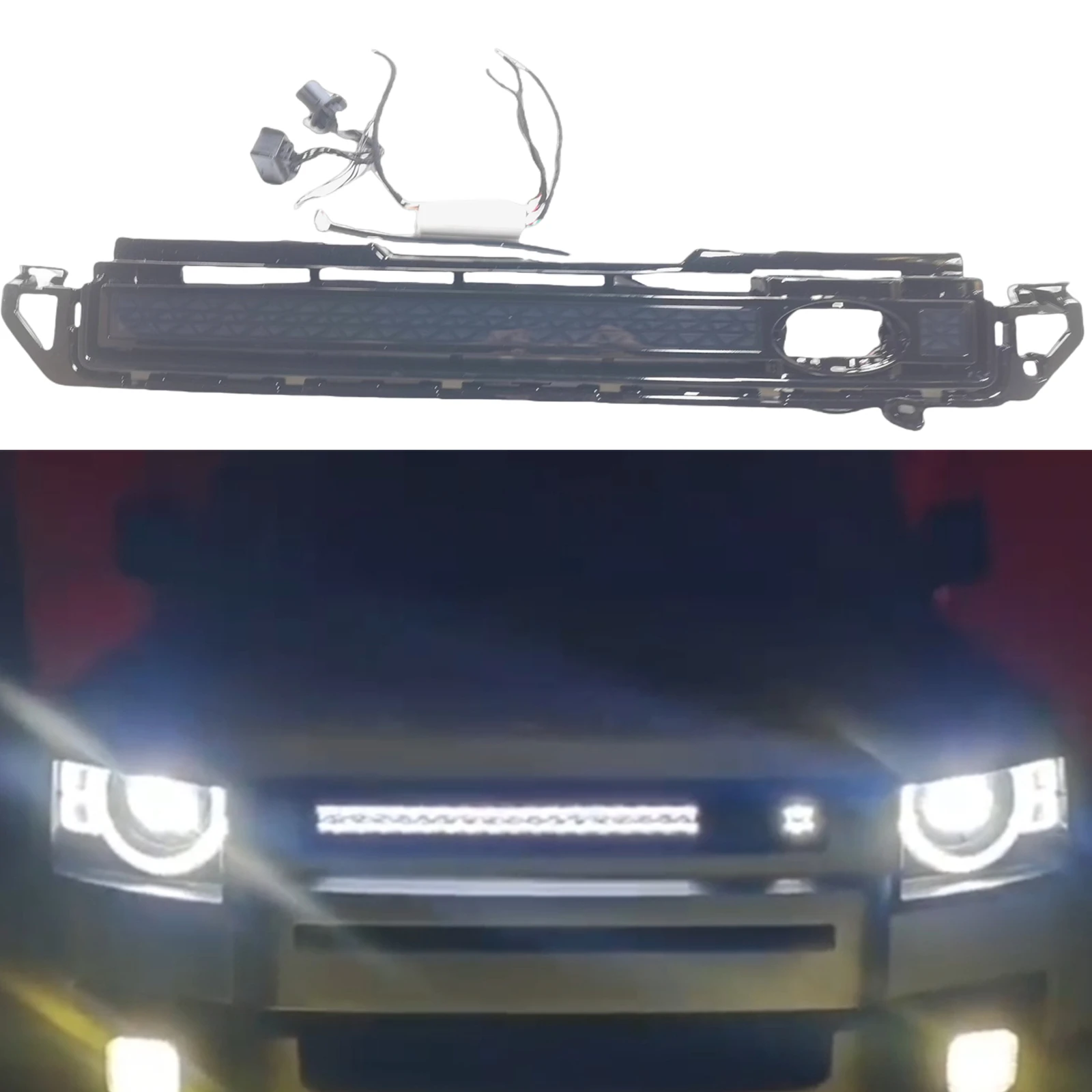 

For Land Rover Defender 90 110 130 2020-2024 Front Grille Racing Grill Upper Bumper Hood Mesh Grid With LED Light