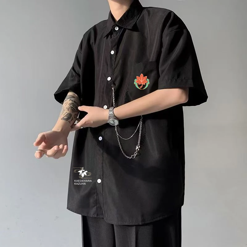 Juego 2025 Anime Gs Impact Cos Kaedehara Kazuha Unisex Simple y Casual negro camisa de manga corta accesorios disfraz Prezzie