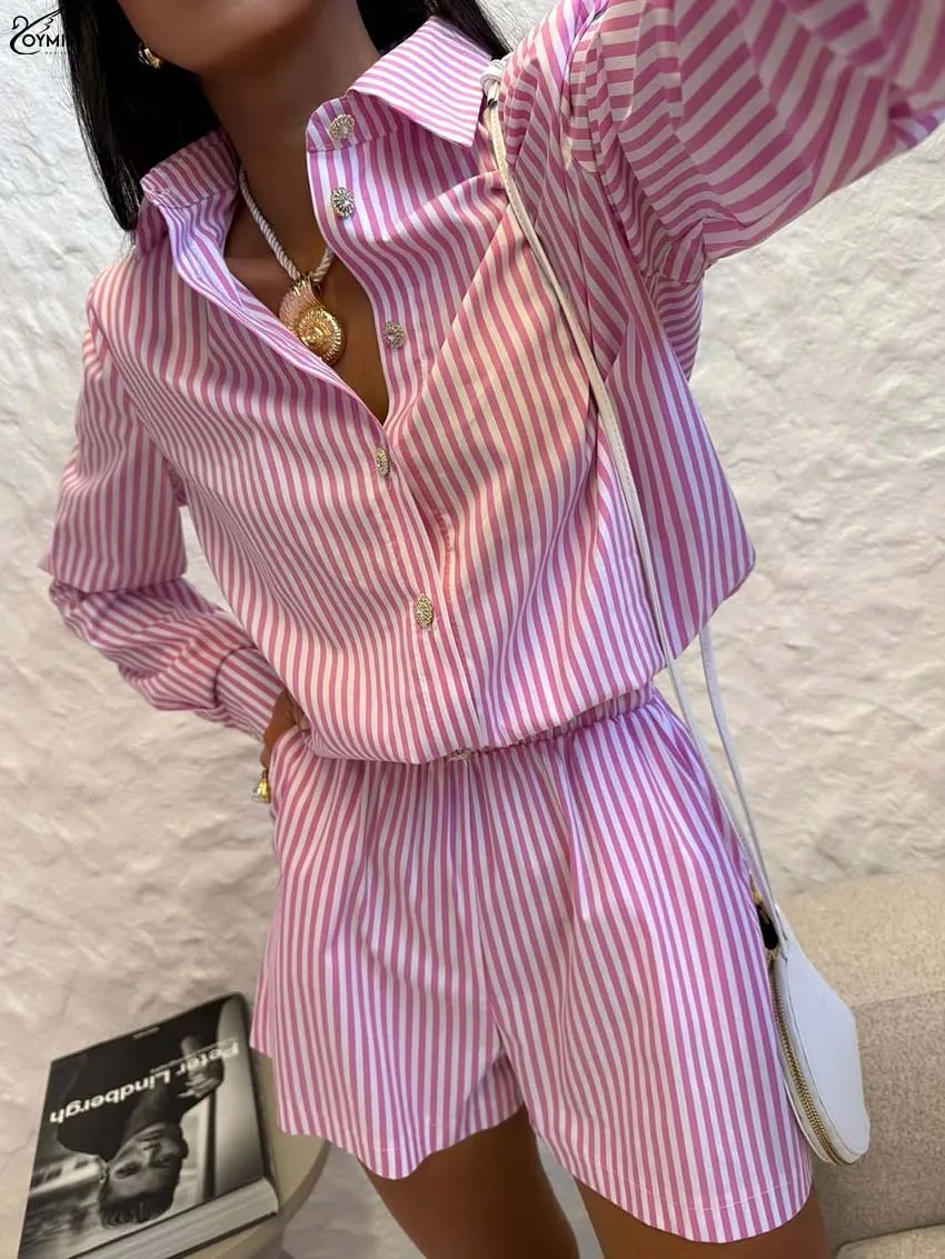 Oymimi Fashion Pink Print Sets Woman 2 Piece Elegant Long Sleeve Single Breasted Shirts And High Waisted Pockets Shorts Sets