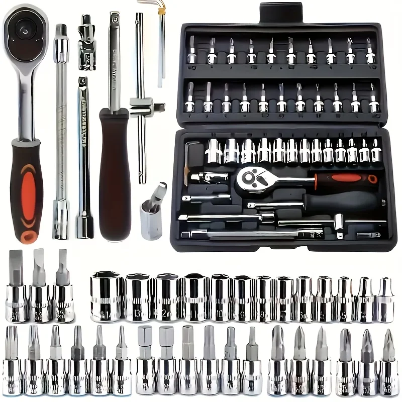 46pcs Repair Tool Kit1/4InchSocket Set with Ratchet Torque Wrench Auto Mechanic Repair Tools for Cars and Automotive Maintenance
