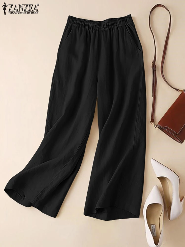 

Брюки ZANZEA женские с широкими штанинами, хлопковые свободные штаны с эластичным поясом, модные однотонные повседневные длинные брюки палаццо, весна-осень 2023