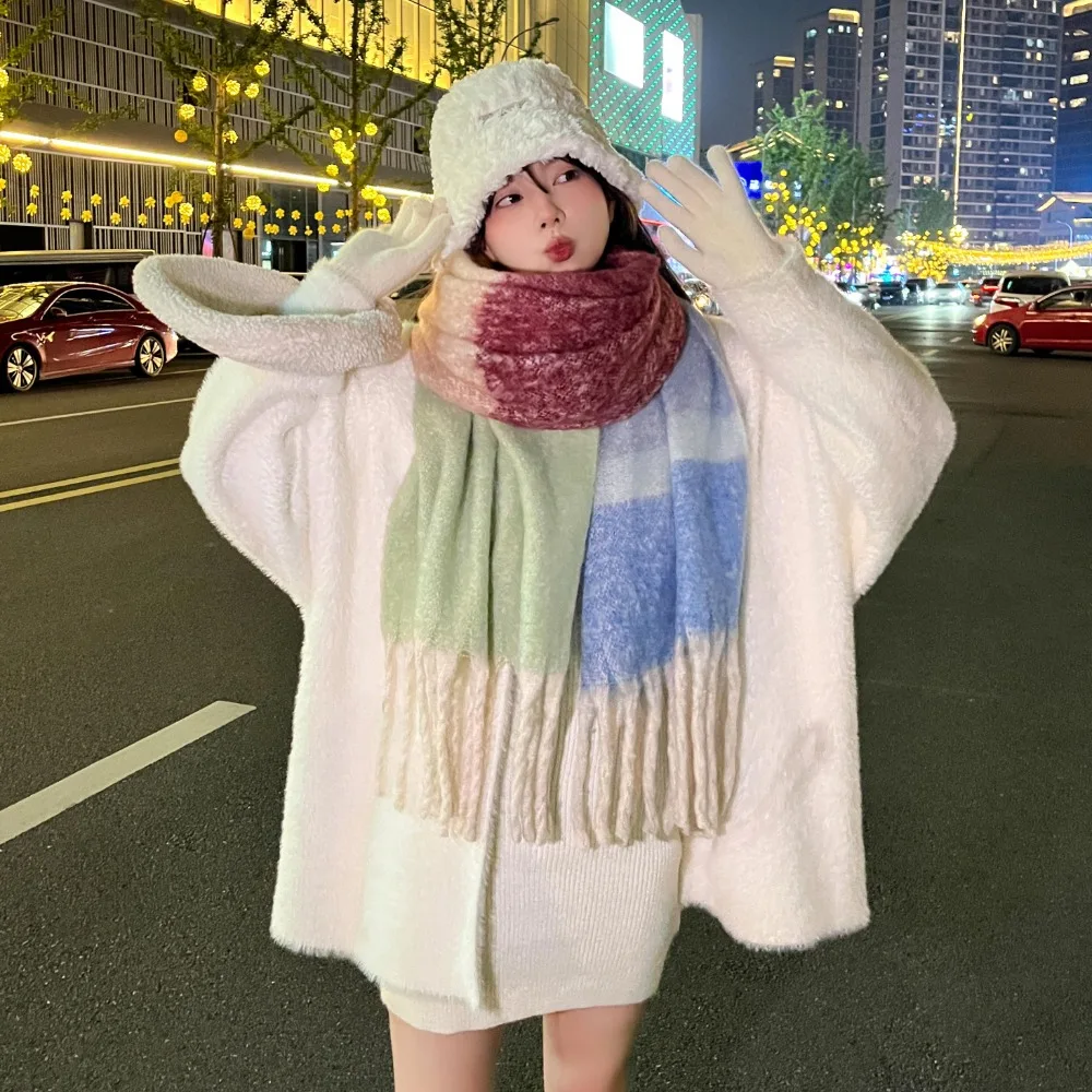 Korean Style Colorful Plaid Plush Shawl Thicken Windproof Rainbow Cashmere Scarf Pashmina Wool Winter Tassel Neckerchief Autumn