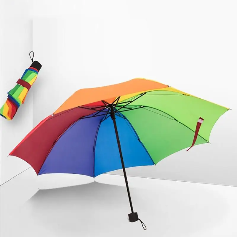 Fashion Rainbow Umbrella Three Fold Umbrella Long Handle Automatic Wind Resistant Folding Straight Umbrella