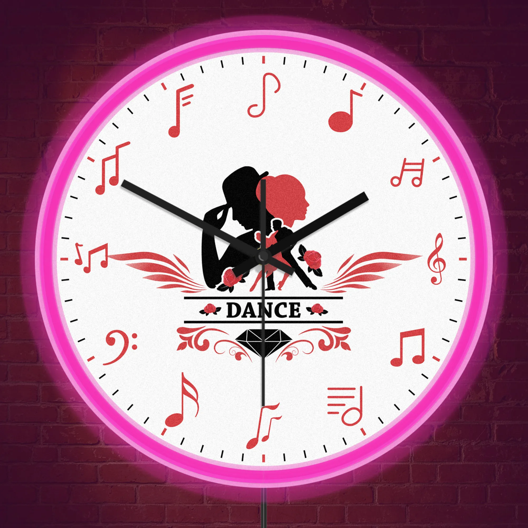 Dance Couple Musical Note Silent Non Ticking Wall Clock With Neon Light Dancing Studio Illuminated Wall Clock LED Display Sign