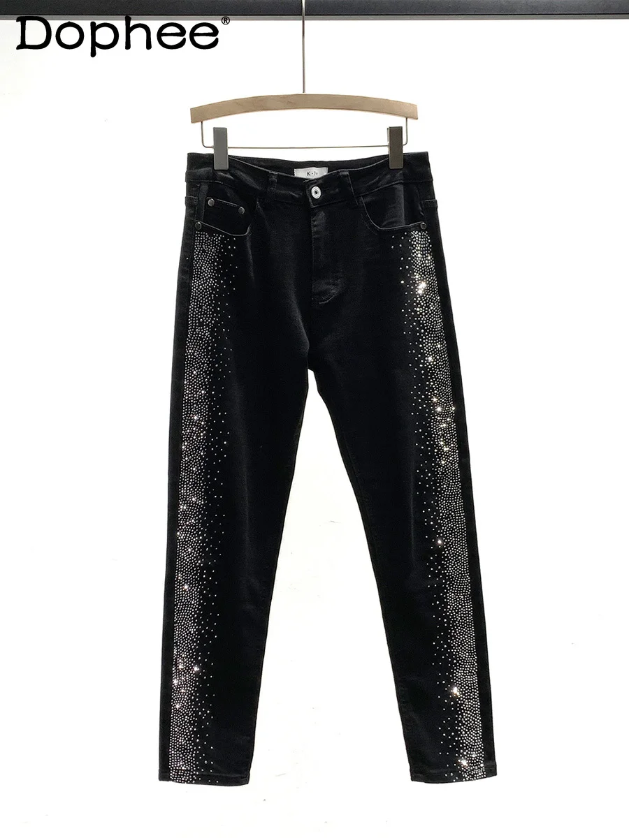 

Fashion Heavy Rhinestone Black Jeans for Men 2025 Trendy Casual Stretch Pants High-end Slim Fit Skinny Pants