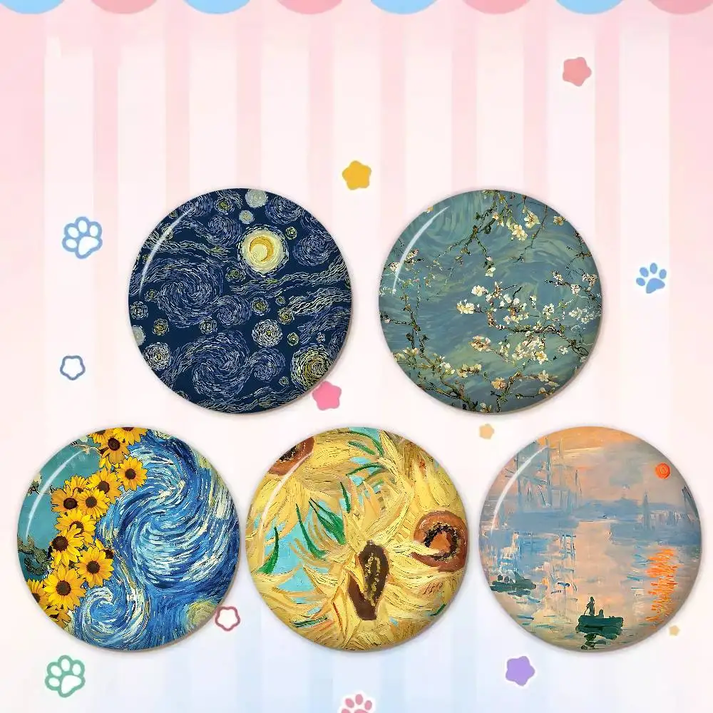 Black Cat Vincent Van Gogh Creative Pins Funny Faces Round Snap-in Brooch Badge Backpack Hat Accessories Jewelry Gifts