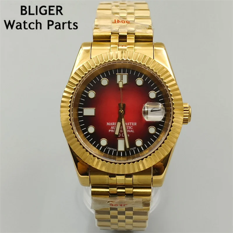 BLIGER Gold watch  Bezel NH35A 36MM/39MM Automatic Men Watch Palm Dial red Index Sapphrie Crystal Jubilee Strap