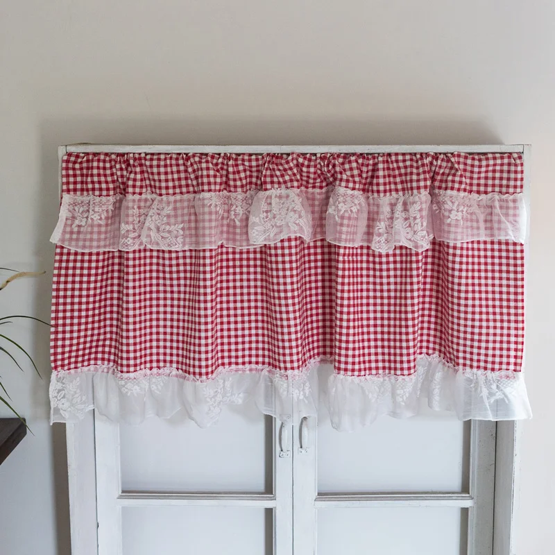 Red White Lattice Window Valance Handmade Embroidered Lace Cupboard Cafe Curtain Short Grid Kitchen Curtains Thanksgiving TJ7127