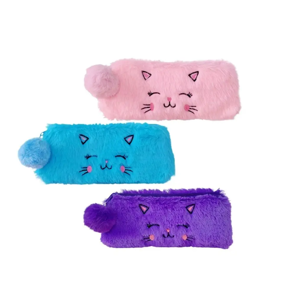 3 шт., кавайная милая мультяшная сумка-карандаш, пушистый держатель, сумка для макияжа, помады, котенок, канцелярские принадлежности, плюшевая сумка для ручек, детская
