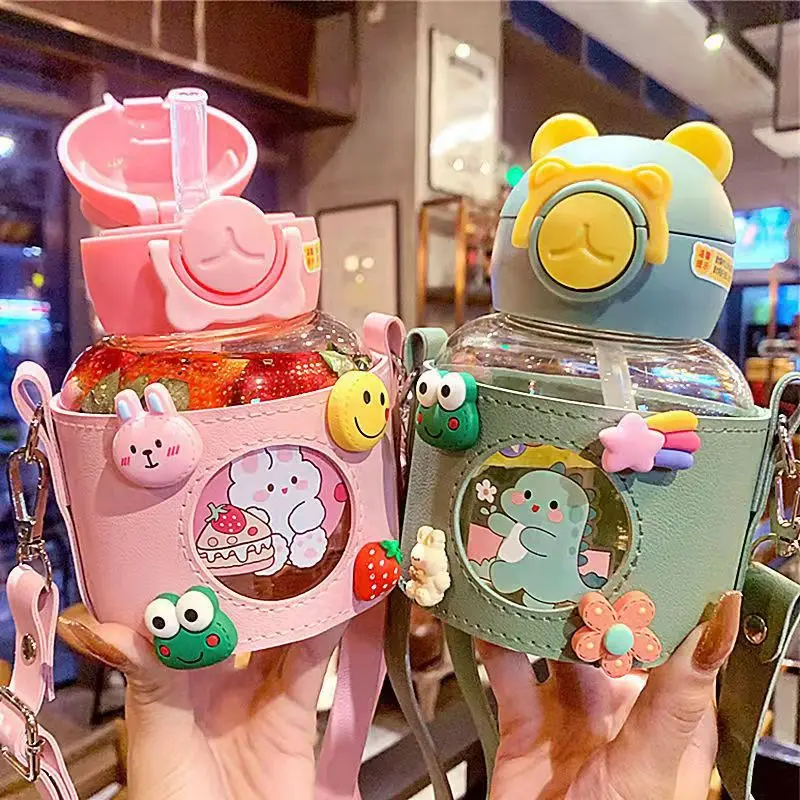 700 Ml Cute Bear Straw Water Bottle for Kids Girls Student Plastic Kettle Portable Large Capacity Leather Cup Sleeve Anti-Fall